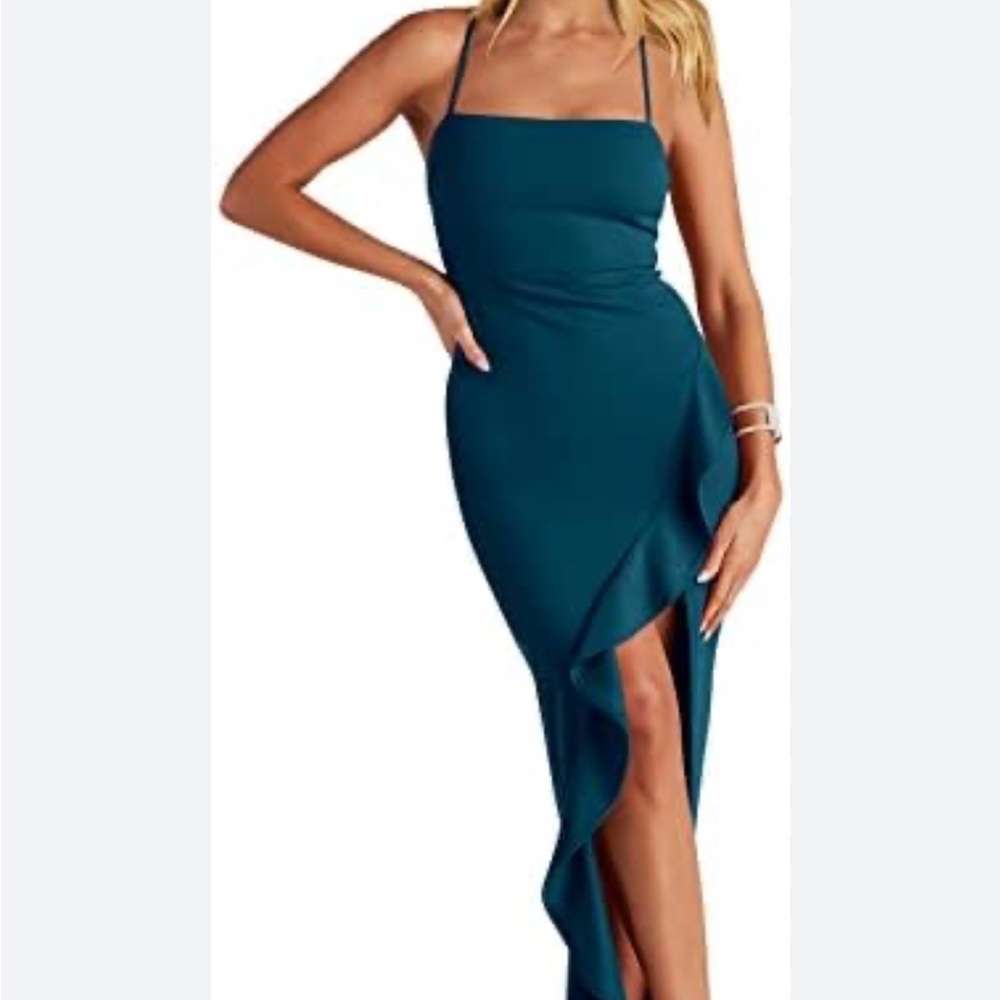 Windsor Teal Ruffle Gown with slit